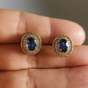 New 18K Gold Plated Oval Cut Blue Sapphire Diamond Stud Earrings for Women